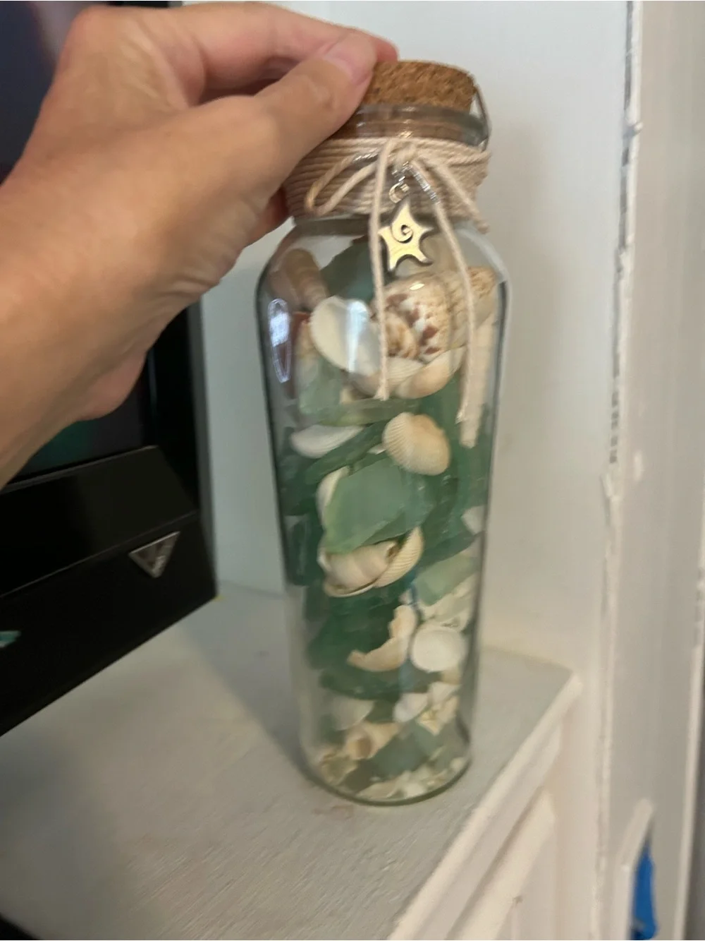 NWT COASTAL Sea Glass & Shell Accent Jar with Charm, Cork Stopper and Cord